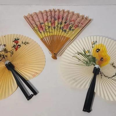 3 Vintage Asian Folding Fans And Small Chinese Tea Tin