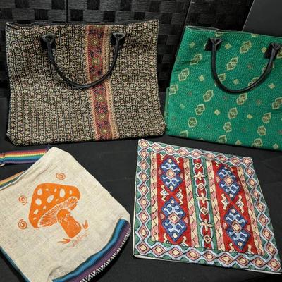 Lined Quilted Indian Block Print Bag Handled 17" (2) Mushroom Burlap Colorful Shoulder Bag