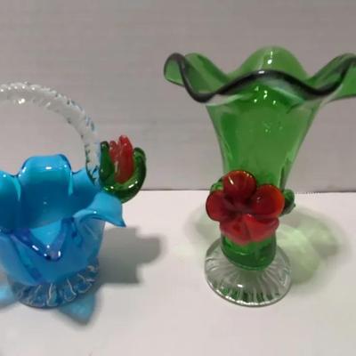 Handcrafted Art Glass Bud Vase & Flower Basket 