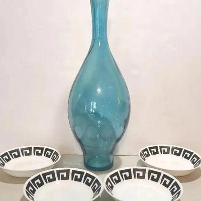 16" Aqua Glass Bottle And 4 Wedgwood Greek Key Vintage Bowls