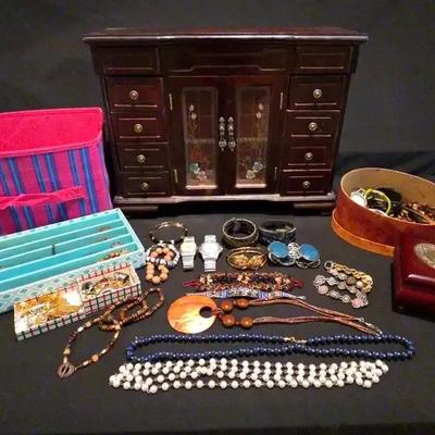 Vintage Jewelry Armoire With Costume Jewelry Collection
