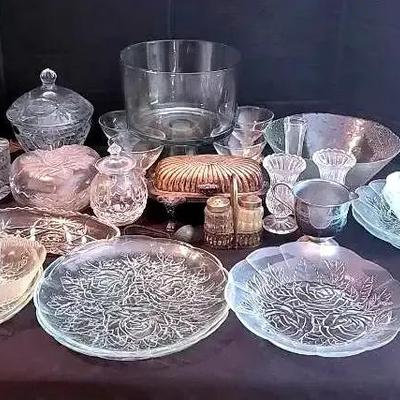 Assorted Crystal, Pressed Glass & Silver Plated Serving Collection