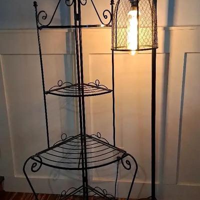 Metal Floor Lamp with Basket Shade & 4-Tier Corner Shelf