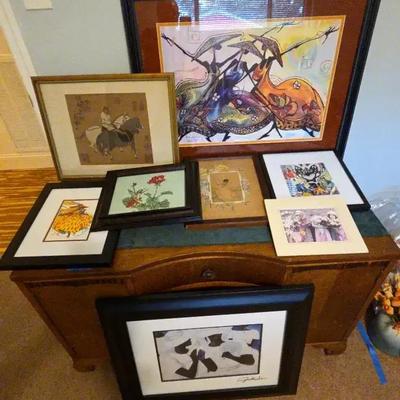 Collection of Framed Artwork Featuring Abstracts, Portraits, Needlepoint & Asian Prints