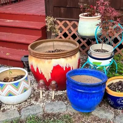 Ceramic Planters with Japanese Maples, Begonia & Yard Decor