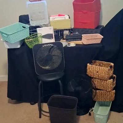 Office Supply Collection Featuring Baskets, Fans, Stool & LG Portable DVD Writer