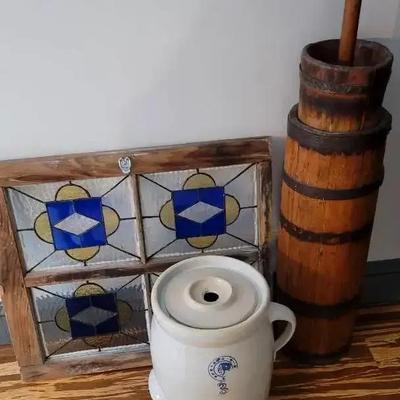 Antique Butter Churns & Stained Glass Window
