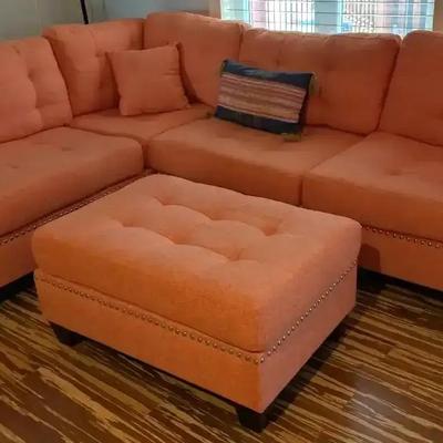 Coral Upholstered Sectional Sofa with Ottoman