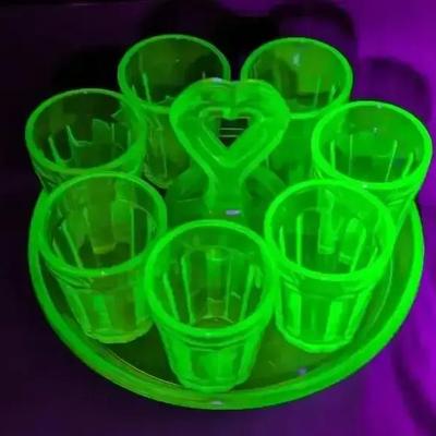 Uranium Glass Cordial Set with Heart-Handled Tray