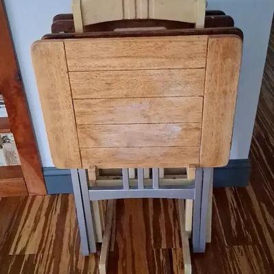 Set of Four Wooden Folding Trays with Stand