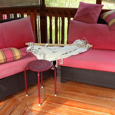 Patio Furniture Set with Wicker Sofas, Red Stool & Hammock Chair