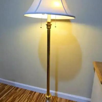 Brass Floor Lamp With Dual Pull Chains & White Fabric Shade