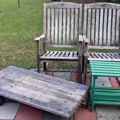 Pair of Wooden Rocking Chairs, Cart with Wheels & Green Table