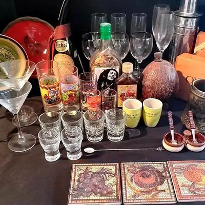 Eclectic Barware & Collectibles Featuring George Dickel Bottle, Coconut Flask & Oliva Cigar Boxes