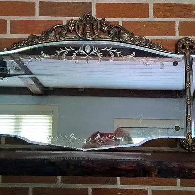 Vintage Three-Panel Etched Wall Mirror with Ornate Frame