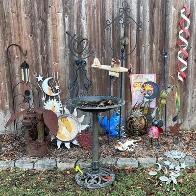 Metal Yard Décor Collection Featuring Bird Bath, Clock, and Garden Art