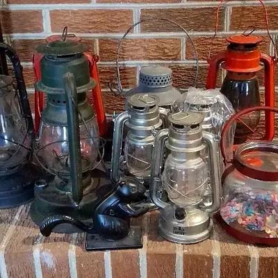 Collection of Metal Oil Lanterns & Squirrel Nutcracker