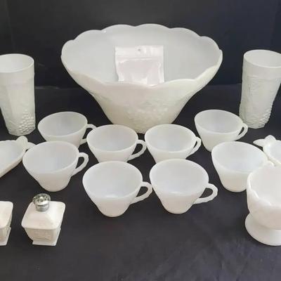 Vintage Anchor Hocking & Indiana Milk Glass Collection Featuring Harvest Grape Punch Bowl Set