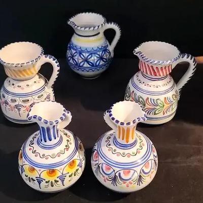 Set of Five Hand-Painted De La Cal Barreira Ceramic Pitchers – Spain