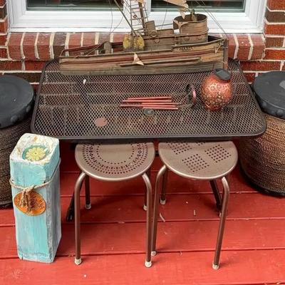 Outdoor Patio Décor with Metal Table, Stools & Accents