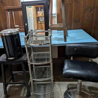 3 Garage Stools & Swivel Chair, Mirrored Cabinet & 4-Tiered Shelf