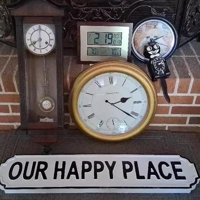 Collection of Wall & Desk Clocks With “Our Happy Place” Metal Sign