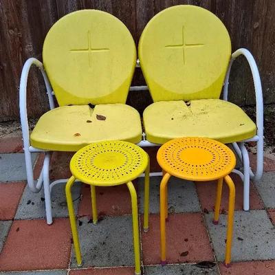 Yellow Metal Two-Seat Glider with Matching Yellow & Orange Tables