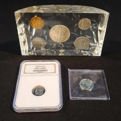 1943 Steel Cent, 2000-S PF69 Ultra Cameo Dime & Encased Coin Display