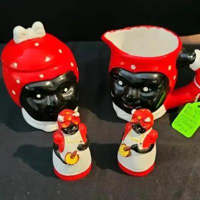 Mid-Century Ceramic Cream and Sugar Set with Matching Salt and Pepper Shakers