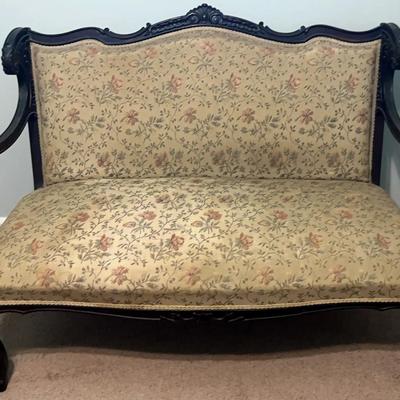 Vintage Floral Upholstered Bench with Carved Wood Frame