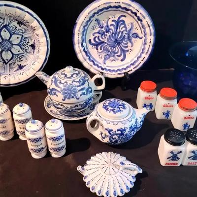 Blue & White China Collection Featuring Talavera Plates, Porcelain Teapots & Hazel Atlas Shakers
