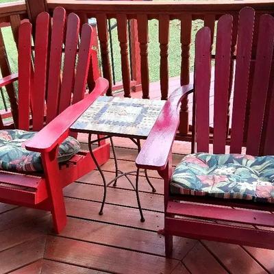 Pair of Adirondack Chairs with Metal Mosaic Table