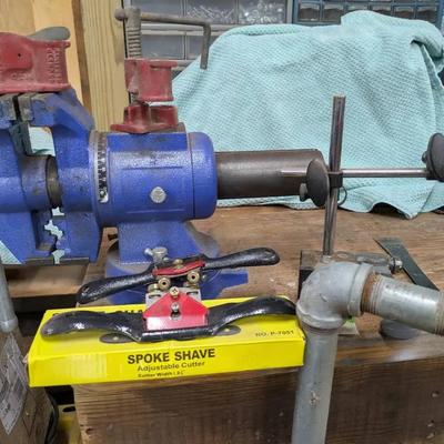 Workshop Tool Collection Featuring Heavy-Duty Vise & Spoke Shaves