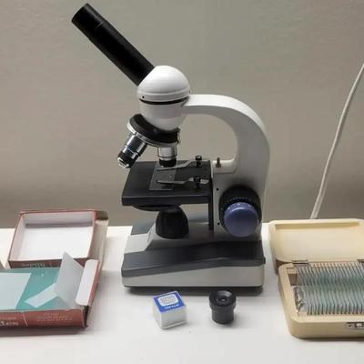 Microscope with Prepared Slides and Accessories