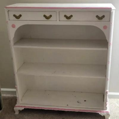 Wooden Bookshelf with Pink Trim and Two Drawers