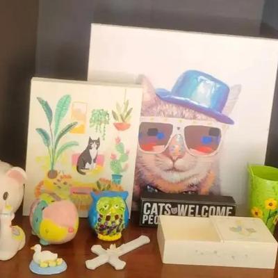 Cat Art Prints and Colorful Decorative Figurines