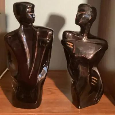 Mid-Century Modern Black Ceramic Abstract Couple Figures
