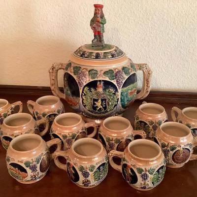 Vintage German Beer Stein Punch Bowl Set with 10 Mugs
