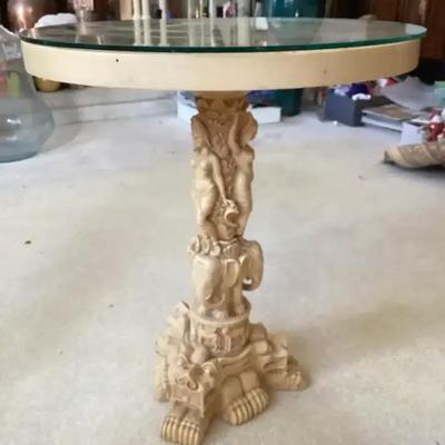 Carved Asian Themed Resin Pedestal Accent Table 