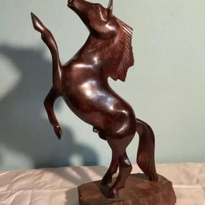 Hand-Carved Wooden Rearing Horse Sculpture