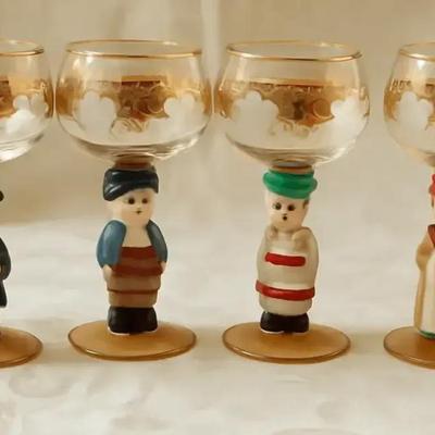 Mid-Century Figural Stem Goblets – Hand-Painted Characters, Gold Rim 