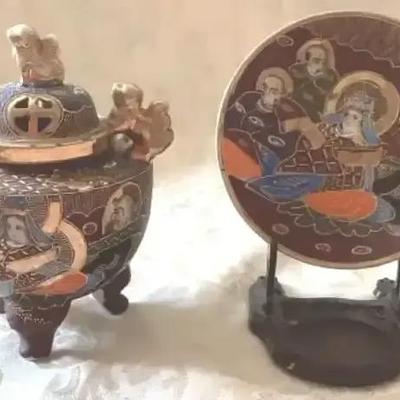 Japanese Satsuma Ware. Incense Burner & Small Plate