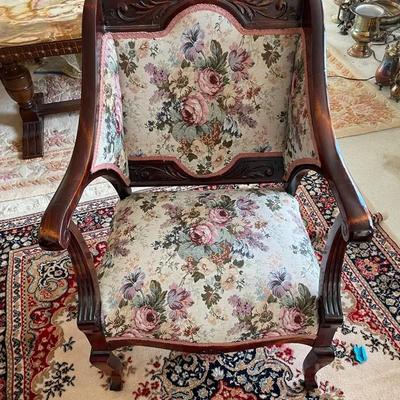 Rococo Revival Armchair – Carved Wood & Floral Upholstery #1
