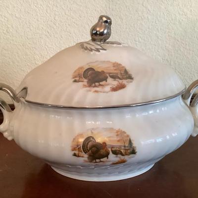 Kaiser China Porcelain Turkey Tureen with Silver Trim
