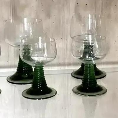 Mid-Century Green Stem Goblets – Hand-Blown Spanish Glass
