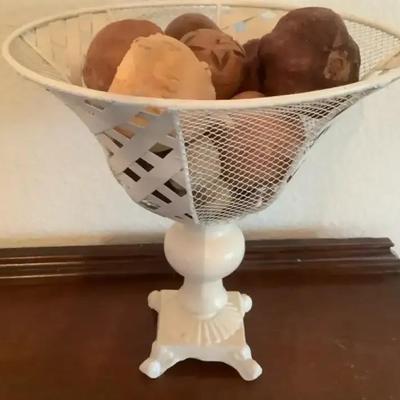 Wood Fruit in Metal Pedestal Bowl 