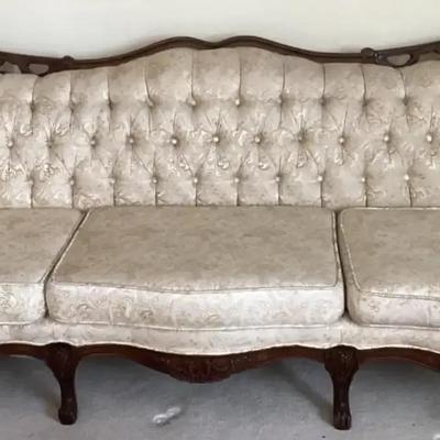 Victorian-Style Sofa  Carved Wood & Tufted Upholstery