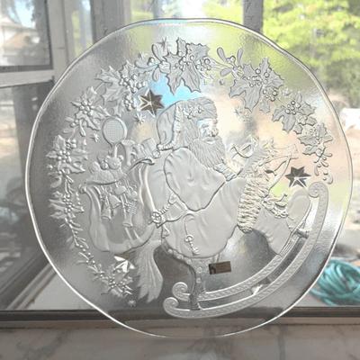 West German Crystal Christmas Plate – Santa on Rocking Horse
