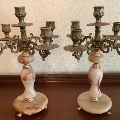 Pair of Vintage Brass & Marble Five-Arm Candelabras
