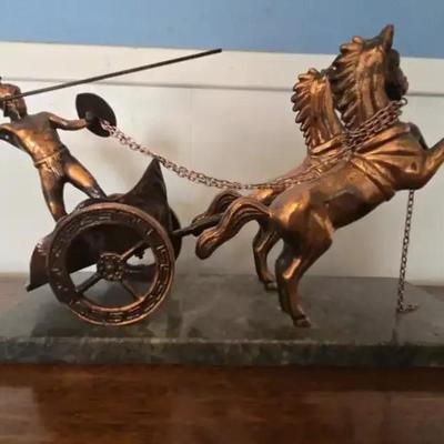 Greek Warrior & Chariot Bronze-Tone Sculpture on Marble Base